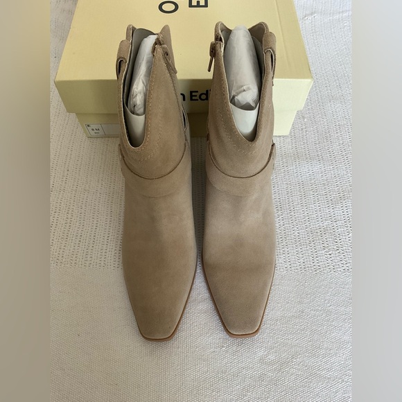 Tan Ankle Booties with Decorative Hardware and Stacked Heel - Picture 2 of 10